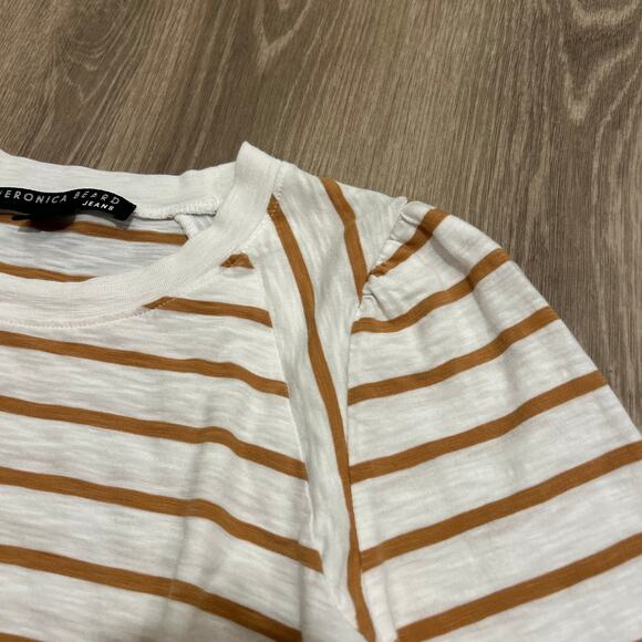 Veronica Beard Mason Stripe Puff Sleeve Baseball Tee White Caramel Size M - Picture 7 of 16